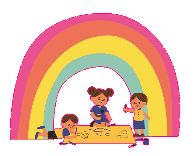 Kinder malen unter einem Regenbogen