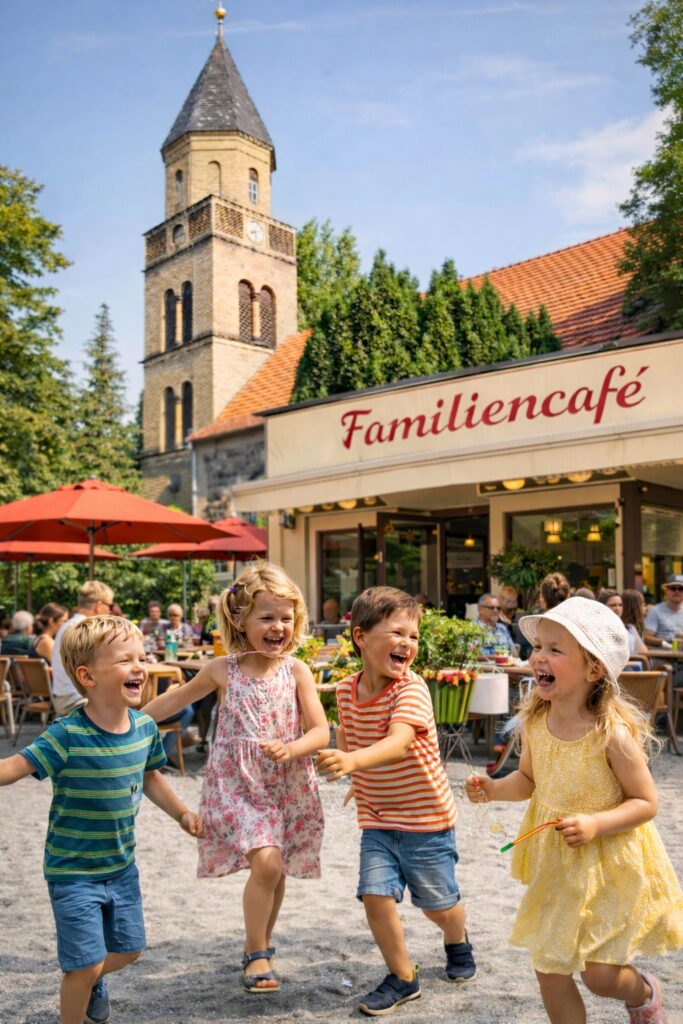 spielende Kinder vor Kirche